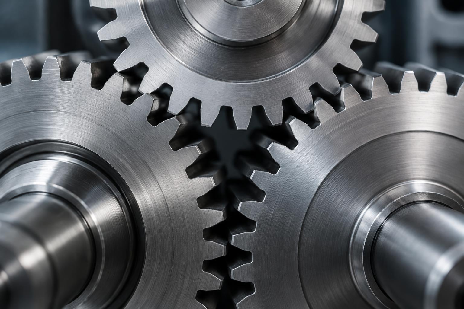 Three interlocking industrial steel gears, with finely machined surfaces