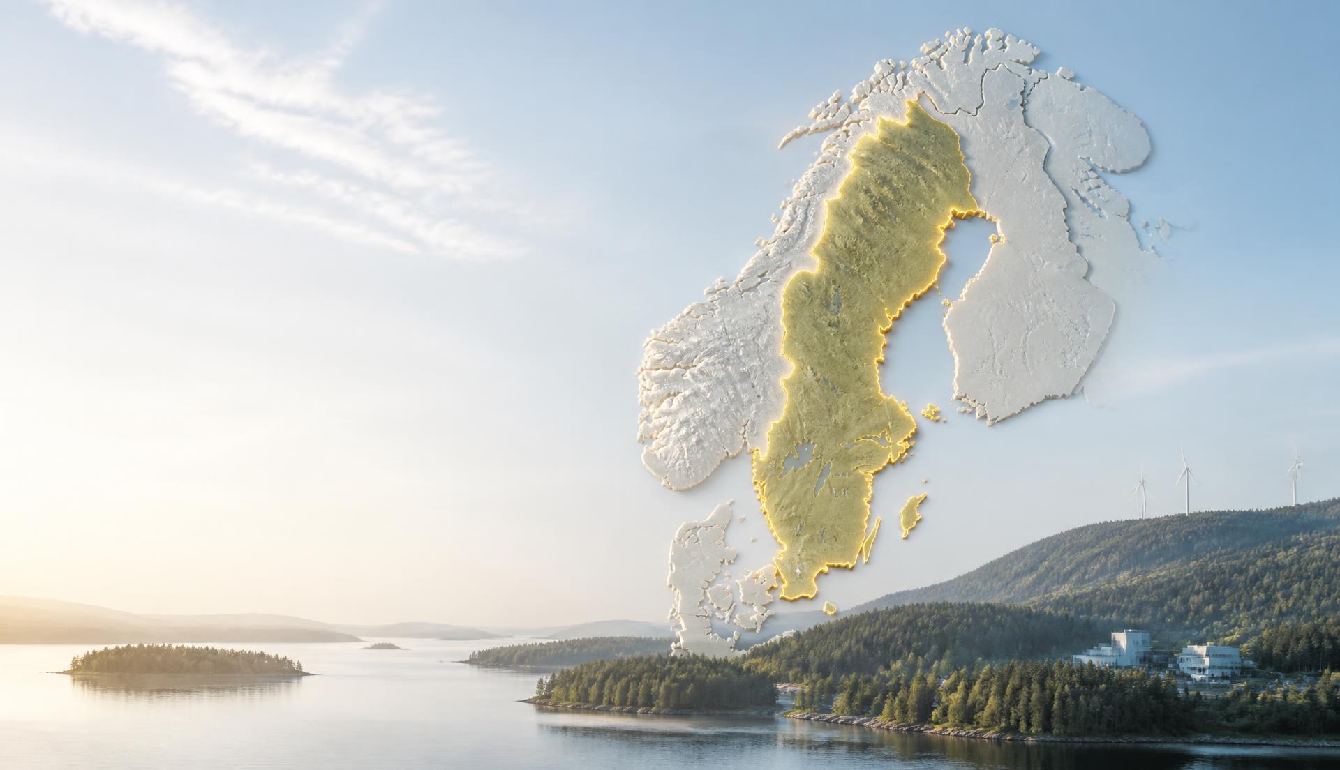 Relief map of Scandinavia with Sweden highlighted, above a calm Nordic lake landscape